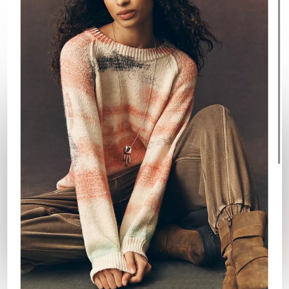 Anthropologie Pilcro Juno Crew Neck Oversized Sweater coral cream graphics MED